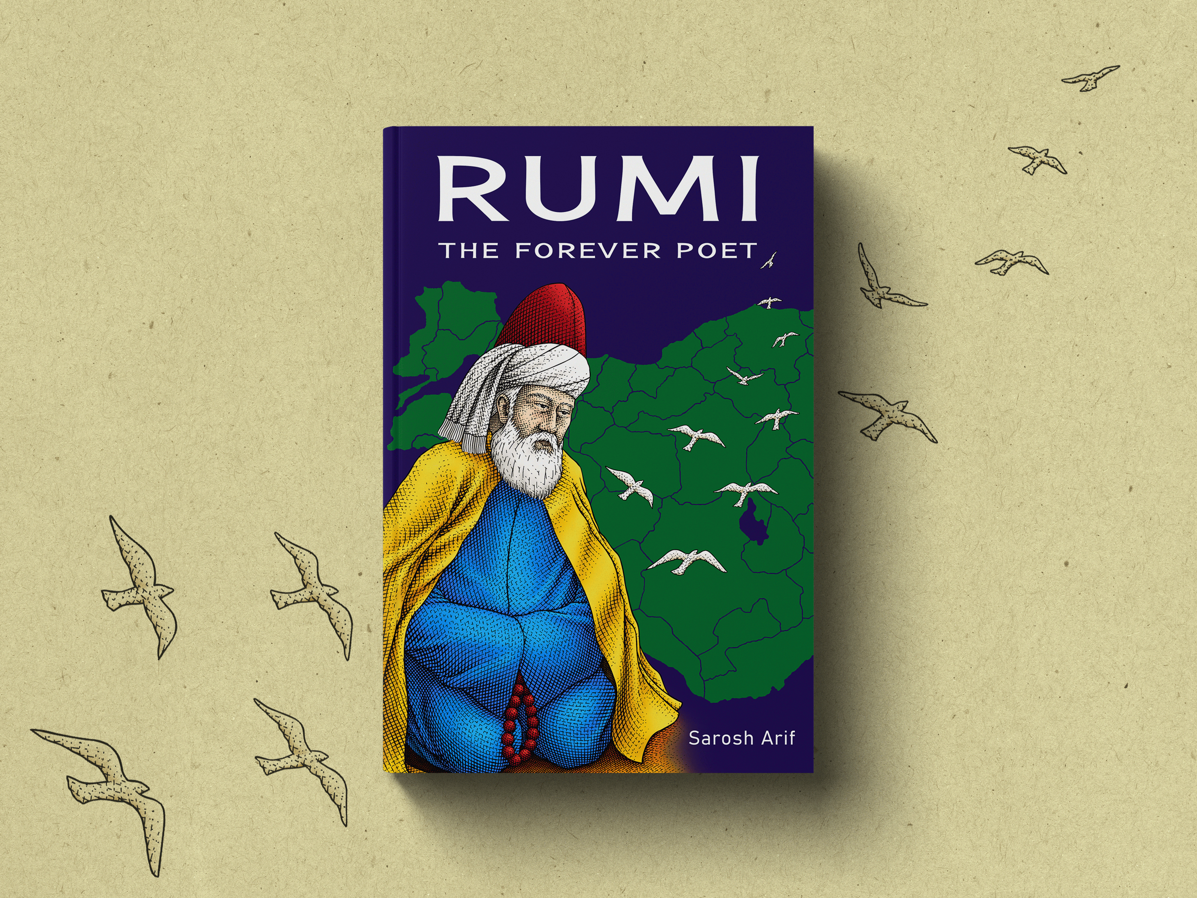 Rumi "The Forever Poet" Book Cover Illustration book content book cover book illustration childrens book classic content engrave engraving etching graphic design illustration kids line art lino cut maulana jalaluddin rumi medieval realism retro rumi vintage