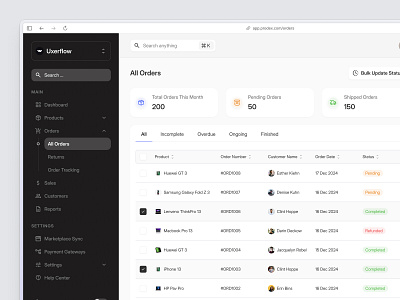 Prodex: Table Orders dashboard data table design graphic design order product design saas sidebar table ui ui design ux ux design uxerflow web website