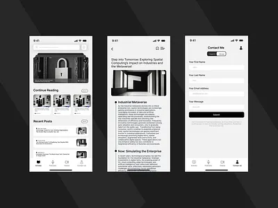 Black and White Minimal Blog App app article asthetic black and white blog branding carousel contact me design figma list mobile modern nav bar podcast tabs ui ux