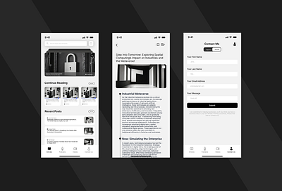 Black and White Minimal Blog App app article asthetic black and white blog branding carousel contact me design figma list mobile modern nav bar podcast tabs ui ux