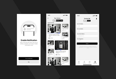 Black & White App for podcasts app asthetic bento box black and white branding contact design figma minimal modern monocromatic notoification tabs ui ux