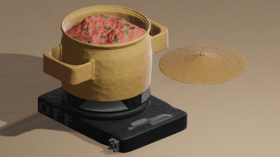 Delicious soup 2.8 3d blender borsch cartoon clay shader eevee green illustration lid pan red render soup stove yellow