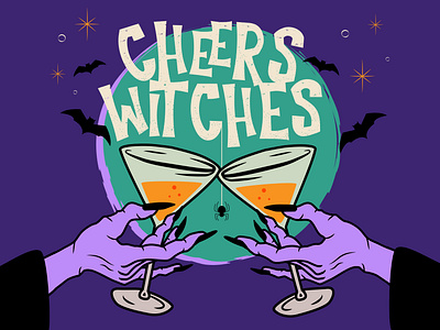 Cheers Witches cheers color design drinks halloween halloween design halloween party happy halloween holiday illustration sketch texture type typography vector witch