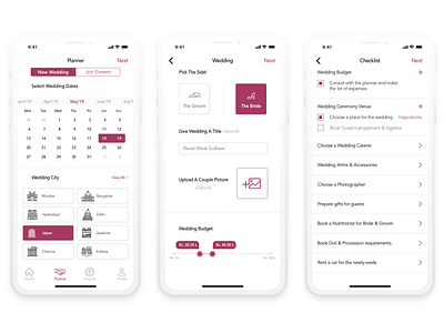 WEDelight - A Mobile Wedding Planner, iOS App app branding budget calender checklist design design thinking iconography illustration ios organiser planner typography ui ux visual wedding