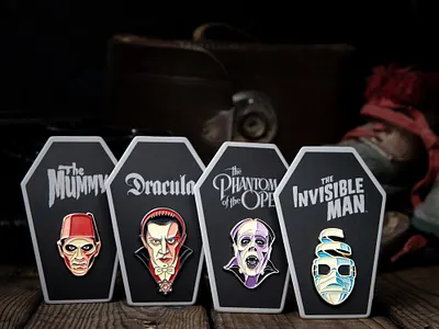 Happy Halloween! badge dan kuhlken dkng dkng studios dracula enamel pin frankenstein invisible man mummy nathan goldman phantom of the opera pin