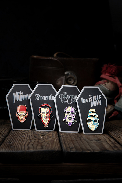 Happy Halloween! badge dan kuhlken dkng dkng studios dracula enamel pin frankenstein invisible man mummy nathan goldman phantom of the opera pin