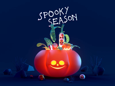 Spooky Season 3d animation character design eye fall garden green halloween hand illustration night october plant plants pumpkin purple scary vegetable veggies