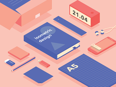 isometric design alarm blue box design earphone eraser flat flat illustration illustration isometric isometric art isometric design isometric icons isometric illustration notes pencil phone pink ruler sketchbook