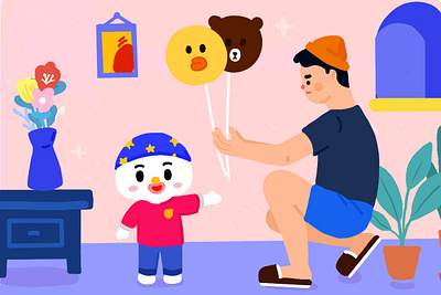 Accept gifts from others balloon boy bule folwer gift hachu linefriend painting picture frame pink star