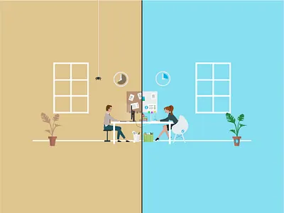 ASSETTI illustration blue bold branding character clock coffee design flat fridge graphic illustration minimal office simpel simple siting splitscreen vector windows workspace