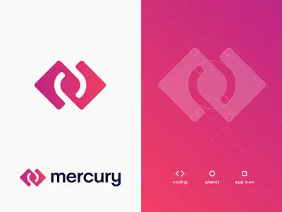 Mercury alternative logo concept app arrow brackets branding code coding cosmic development galaxy gradient icon infinity logo mobile orbit planet preloader satellite space twist