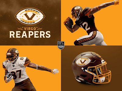 ZFL | Virgo Reapers Visual Identity astrology badge logo branding brown design football identity league logo logo design monogram reapers sports branding sports logo stars typogaphy vector wheat zodiac