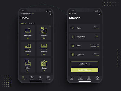 ERA House app clean dark app dark ui decoration home house ios minimal smart house smart home app ui user interface design ux yellow