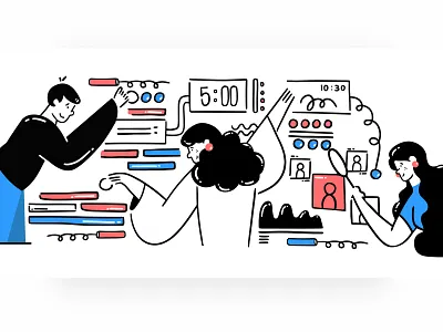 onboarding boy candidates collaboration design doodle find girl graphic illustration lineart linework office onboarding search settings ui ux women womens