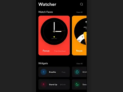 Watcher | Watch Face App android android wear apple watch application clean clock dark dark mode design flat ios night mode simple watch watch app watch design watch face watch os watch ui