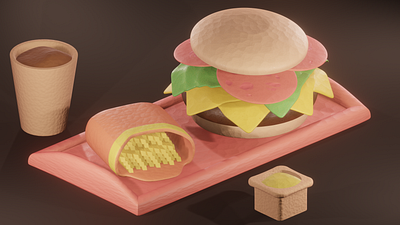 Fast Food 2.8 3d blender burger cartoon clay clay shader cola eevee fast food fries green illustration render sauce tray