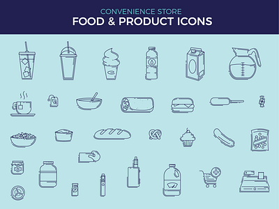 Food & Product Outline Icons bakery cart convenience store drinks food iconography icons icons set iconset illustration milk outline product tobacco vector