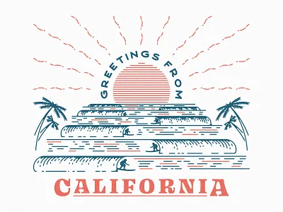 Greetings From California beach cali california letterpress letterpressed postcard mahalo ocean palm trees postcard sunset surfer waves