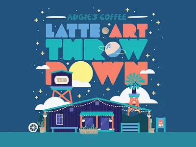 LATTE ART THROW DOWN augies coffee blue building california coffee coffee shop flyer green illustration latte latter art pastel purple ranch space stars temecula throwdown vail ranch yellow