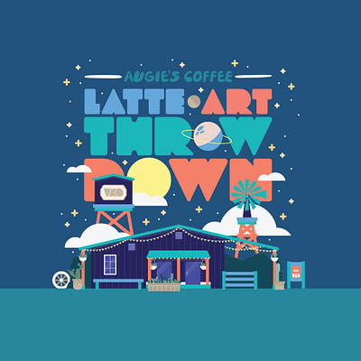 LATTE ART THROW DOWN augies coffee blue building california coffee coffee shop flyer green illustration latte latter art pastel purple ranch space stars temecula throwdown vail ranch yellow