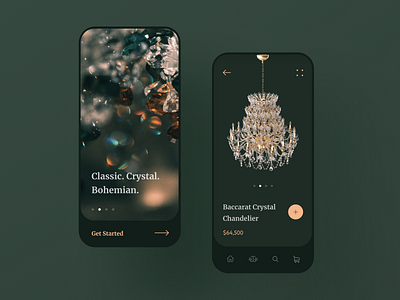 Chandelier Shop Mobile App about application cart chandelier classic crystal description ecommerce lamp light lightning login menu mobile mobile app mobile ui product shop sign in welcome