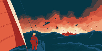 Morning surprise birds clouds flat illustration island landscape sail sailing sailor sea vector