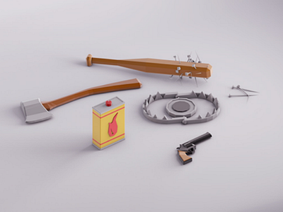 Hunting Kit 3d art ax bat cinema4d daily render demogorgon gas hunting kit illustration isometric lowpoly minimal pistol simple stranger things trap