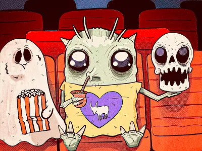 Horror Movies Time alien character design chupacabras dribbbleweeklywarmup ghost halloween horror illustration mate movies popcorn skull