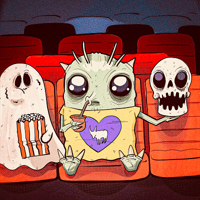 Horror Movies Time alien character design chupacabras dribbbleweeklywarmup ghost halloween horror illustration mate movies popcorn skull