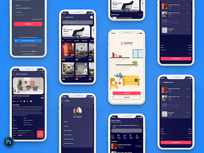 Furniture Mobile App UI Kit Dark Version analyze android darkversion furniture ios mobileapp retail shop statistics trending uidesign uikit