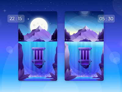 Waterfall - Live wallpaper Exploration app blue design digital flat illustration gradient illustration landing page mountain river sea simple stars temple ui uiux vector water waterfalls