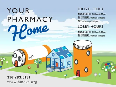 HMC Your Pharmacy Home Postcard ai bottles healthcare house illustration illustrator kansas nonprofit pharmacy pillbottles pills porch postcard