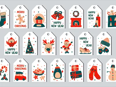 Christmas set of gift tags in the style of Scandinavian simple design flat design hand drawn illustration scandinavian vector