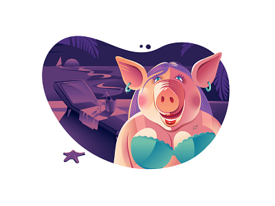 Misis Piggy evening beach evening illustration piggy summertime vacation