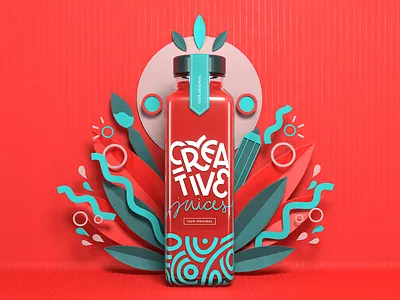 Creative Juices 3d 3dillustration blender blender3d bottle bottle design bottle label colorful creative creative design creative juices flat graphic design illustration packaging packaging design packagingdesign papercraft papercut substancepainter