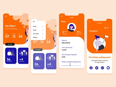 Stop Smoking app - UI/UX app app design dailyui design challenge designs mobile mobile app mobile design mobile ui motivation orange quit smoking smoke smoking stop smoking stop smoking app ui design uidesign uiux violet