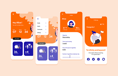 Stop Smoking app - UI/UX app app design dailyui design challenge designs mobile mobile app mobile design mobile ui motivation orange quit smoking smoke smoking stop smoking stop smoking app ui design uidesign uiux violet