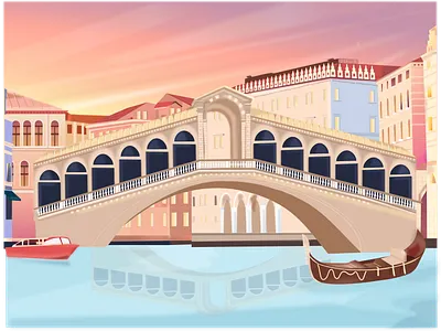 Venice Rialto Bridge boat branding bridge building canal color design designer drawing dribbble flat gondola illustration italy rialto river sky ui vector venice