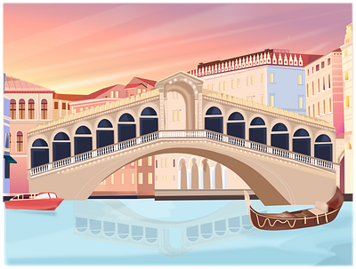 Venice Rialto Bridge boat branding bridge building canal color design designer drawing dribbble flat gondola illustration italy rialto river sky ui vector venice