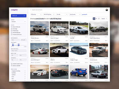 Craigslist reskin class assignment cards cars class project craigslist design ecommerce figma filters grid list redesign reskin shop ui web design