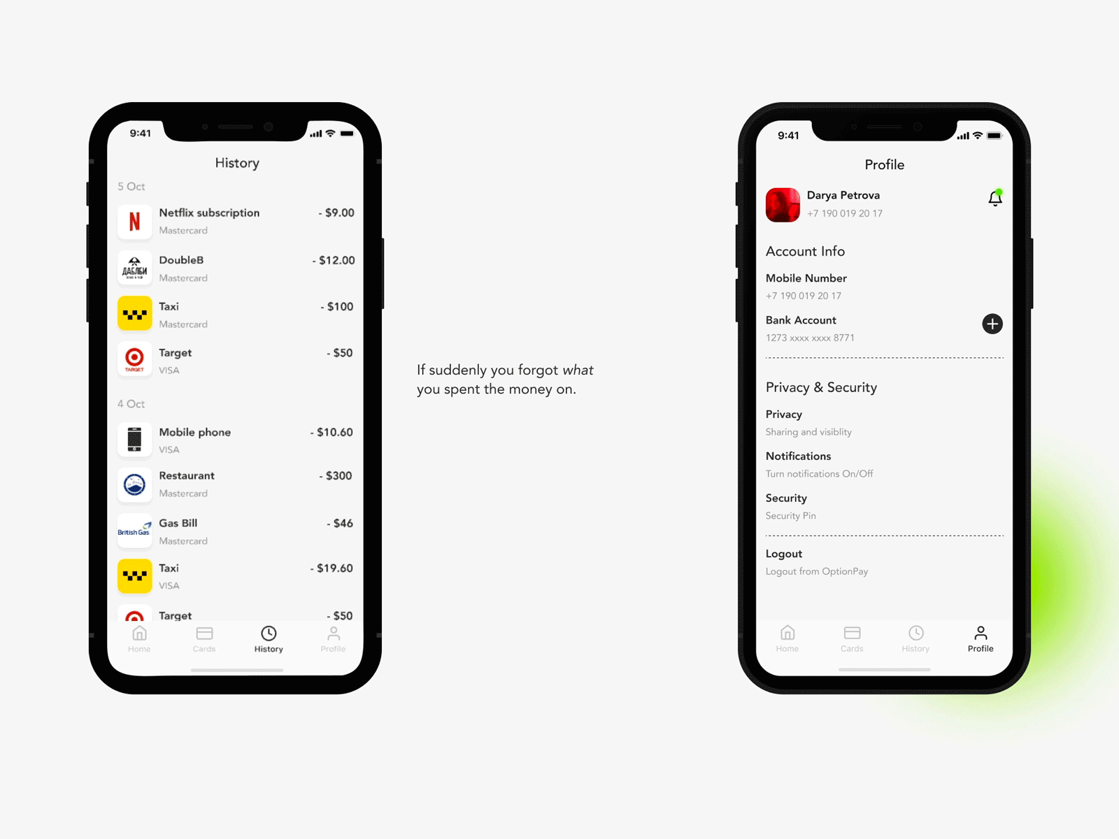 Banking app/ history&profile animation app banking branding concept design finance history minimal navigation bar principle profile page typography ui ux