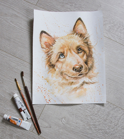 portrait of a dog, watercolor design hand painted handmade illustration painting style