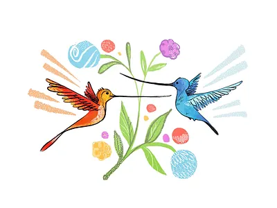 humming birds adobe fresco birds flowers illustration