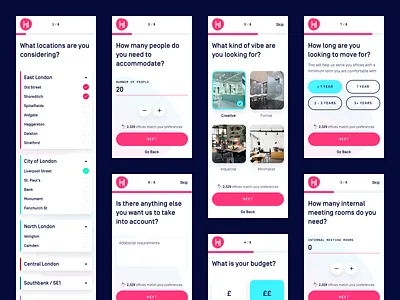 Onboarding Flow budget cards data facilities filters location onboarding price progress bar search sketch ux