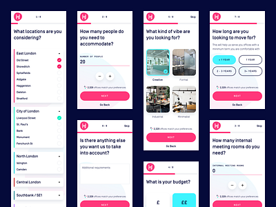Onboarding Flow budget cards data facilities filters location onboarding price progress bar search sketch ux