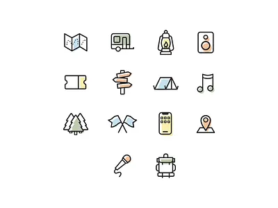 Icons for a camp themed music festival camping design festival icon illustration music outdoors vector