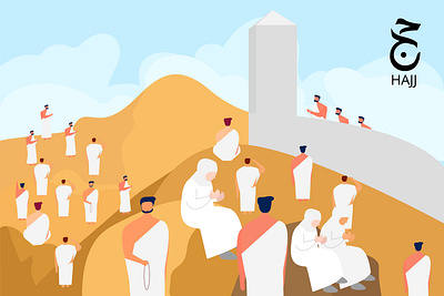 Hajj pilgrims pray at mount arafat arafah character flat design graphic design hajj illustration islamic pilgrim kaabah landing page people ui umroh vector