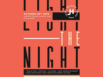LIGHT THE NIGHT autumn church fall graphics halloween illustration light logo minimal muted colors night red typography typography design vector yellow youth