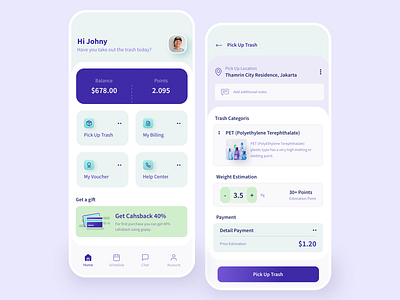 Go-trash | Trash Collecting App apps balance billing estimation help center home home screen navigation noansa payment pickup points smart trash take the tash trash ui ux voucher