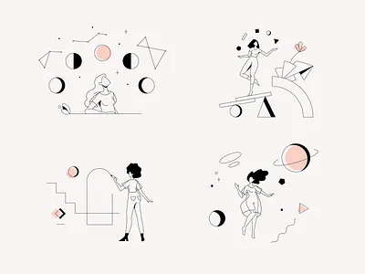 Clio Illustrations abstract app feminine health illustration juggler menopause mindfulness minimalistic outlines pink planets product illustration space wellbeing women